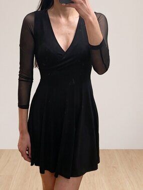 Black Mesh Sleeve Fit & Flare Dress (XS)